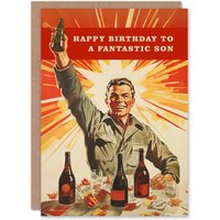 Artery8 Men's Happy Birthday Card to a Fantastic Son Retro 1950's Style Beer Wine Lover in Red