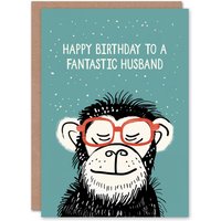 Artery8 Men's Happy Birthday Card to a Fantastic Husband Cheeky Chimp Nerd Chimpanzee Monkey in Duck Egg Blue