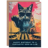 Artery8 Men's Happy Birthday Card to a Fantastic Son-in-Law Grunge DJ Cat Lover Vinyl Decks Records Music
