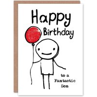 Artery8 Men's Happy Birthday Card to a Fantastic Son Stick Man Red Balloon Simple in White