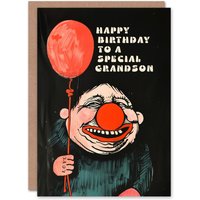 Artery8 Men's Happy Birthday Card to a Special Grandson Creepy Clown Balloon Dark Fun Weird Odd in Black