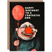 Artery8 Men's Happy Birthday Card to a Fantastic Son Creepy Clown Balloon Dark Fun Weird Odd in Black