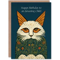 Artery8 Happy Birthday to an Amazing Child Medieval Art Flower Cat Lover Non Binary Gender Neutral Card in Navy
