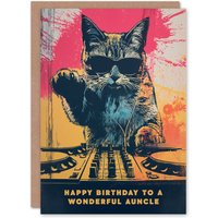 Artery8 Happy Birthday to a Wonderful Auncle Grunge DJ Cat Lover Vinyl Decks Records Music Non Binary Gender Neutral Card in Orange