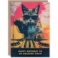 Artery8 Happy Birthday to an Amazing Child Grunge DJ Cat Lover Vinyl Decks Records Music Non Binary Gender Neutral Card in Orange