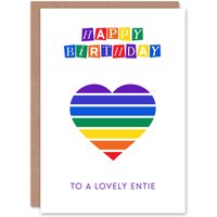 Artery8 Happy Birthday to a Lovely Entie Rainbow Stripes Love Heart Non Binary Gender Neutral Card
