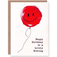 Artery8 Happy Birthday to a Lovely Nibling Simple Smiley Face Red Balloon Fun Non Binary Gender Neutral Card
