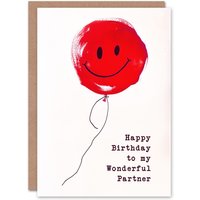 Artery8 Happy Birthday to my Wonderful Partner Simple Smiley Face Red Balloon Fun Non Binary Gender Neutral Card