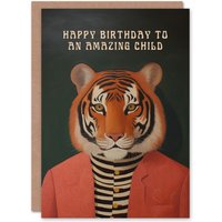 Artery8 Happy Birthday to an Amazing Child Dapper Tiger Cool Hipster Fashion Fun Non Binary Gender Neutral Card in Orange