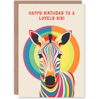 Artery8 Happy Birthday to a Lovely Nini Rainbow Stripes Colourful Zebra Non Binary Gender Neutral Card