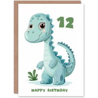 Artery8 12th Birthday Card Cute Blue Baby Dinosaur Cartoon Kids Age 12 Year Old Child For Son Daughter Girl Boy Happy Card in Baby Blue