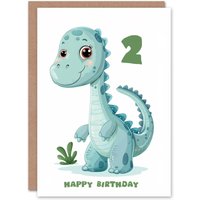 Artery8 2nd Birthday Card Cute Blue Baby Dinosaur Cartoon Kids Age 2 Year Old Child For Son Daughter Girl Boy Happy Card in Baby Blue