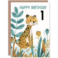 Artery8 1st Birthday Card Cute Cheetah Jungle Plants Fun Kids Age 1 Year Old Child For Son Daughter Girl Boy Happy Card in Mustard