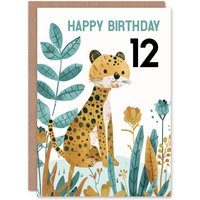 Artery8 12th Birthday Card Cute Cheetah Jungle Plants Fun Kids Age 12 Year Old Child For Son Daughter Girl Boy Happy Card in Mustard