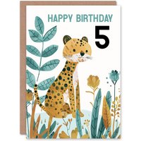 Artery8 5th Birthday Card Cute Cheetah Jungle Plants Fun Kids Age 5 Year Old Child For Son Daughter Girl Boy Happy Card in Mustard