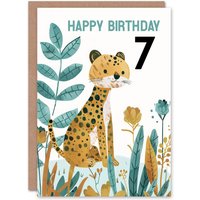 Artery8 7th Birthday Card Cute Cheetah Jungle Plants Fun Kids Age 7 Year Old Child For Son Daughter Girl Boy Happy Card in Mustard