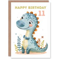 Artery8 11th Birthday Card Cute Blue Dinosaur Cartoon Drawing Fun Kids Age 11 Year Old Child For Son Daughter Girl Boy Happy Card