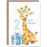 Artery8 2nd Birthday Card Cute Giraffe Party Hat Cartoon Fun Kids Age 2 Year Old Child For Son Daughter Girl Boy Happy Card in Yellow