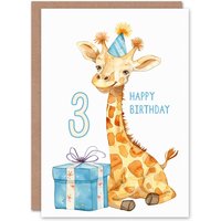 Artery8 3rd Birthday Card Cute Giraffe Party Hat Cartoon Fun Kids Age 3 Year Old Child For Son Daughter Girl Boy Happy Card in Yellow