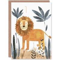 Artery8 1st Birthday Card Cute Jungle Lion Fun Drawing Kids Age 1 Year Old Child For Son Daughter Girl Boy Happy Card in Light Brown