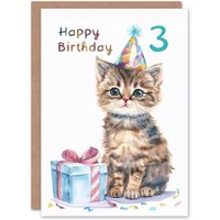 Artery8 3rd Birthday Card Cute Baby Cat Kitten Party Hat Kids Age 3 Year Old Child For Son Daughter Girl Boy Happy Card in White