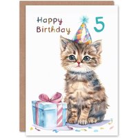 Artery8 5th Birthday Card Cute Baby Cat Kitten Party Hat Kids Age 5 Year Old Child For Son Daughter Girl Boy Happy Card in White