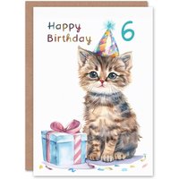 Artery8 6th Birthday Card Cute Baby Cat Kitten Party Hat Kids Age 6 Year Old Child For Son Daughter Girl Boy Happy Card in White