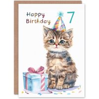 Artery8 7th Birthday Card Cute Baby Cat Kitten Party Hat Kids Age 7 Year Old Child For Son Daughter Girl Boy Happy Card in White