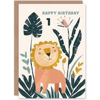 Artery8 1st Birthday Card Cute Happy Lion Jungle Flowers Kids Age 1 Year Old Child For Son Daughter Girl Boy Happy Card in Green