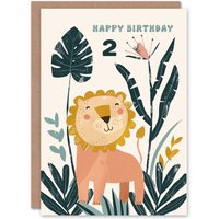 Artery8 2nd Birthday Card Cute Happy Lion Jungle Flowers Kids Age 2 Year Old Child For Son Daughter Girl Boy Happy Card in Green