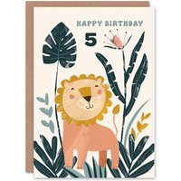 Artery8 5th Birthday Card Cute Happy Lion Jungle Flowers Kids Age 5 Year Old Child For Son Daughter Girl Boy Happy Card in Green