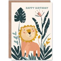 Artery8 Birthday Card Cute Happy Lion Jungle Flowers Kids Child For Son Daughter Girl Boy Happy Card in Green