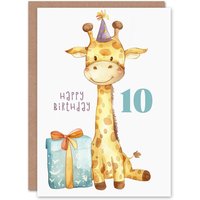 Artery8 10th Birthday Card Cute Baby Giraffe in Party Hat Cartoon Kids Age 10 Year Old Child For Son Daughter Girl Boy Happy Card in Yellow