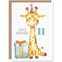 Artery8 11th Birthday Card Cute Baby Giraffe in Party Hat Cartoon Kids Age 11 Year Old Child For Son Daughter Girl Boy Happy Card in Yellow