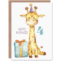 Artery8 4th Birthday Card Cute Baby Giraffe in Party Hat Cartoon Kids Age 4 Year Old Child For Son Daughter Girl Boy Happy Card in Yellow