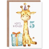 Artery8 5th Birthday Card Cute Baby Giraffe in Party Hat Cartoon Kids Age 5 Year Old Child For Son Daughter Girl Boy Happy Card in Yellow