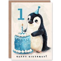 Artery8 1st Birthday Card Cute Baby Penguin Cake Cartoon Kids Age 1 Year Old Child For Son Daughter Girl Boy Happy Card in Blue
