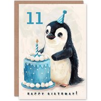 Artery8 11th Birthday Card Cute Baby Penguin Cake Cartoon Kids Age 11 Year Old Child For Son Daughter Girl Boy Happy Card in Blue