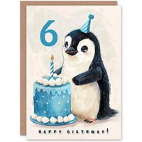 Artery8 6th Birthday Card Cute Baby Penguin Cake Cartoon Kids Age 6 Year Old Child For Son Daughter Girl Boy Happy Card in Blue