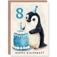 Artery8 8th Birthday Card Cute Baby Penguin Cake Cartoon Kids Age 8 Year Old Child For Son Daughter Girl Boy Happy Card in Blue