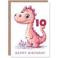Artery8 10th Birthday Card Cute Pink Baby Dinosaur Cartoon Kids Age 10 Year Old Child For Son Daughter Girl Boy Happy Card