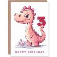 Artery8 3rd Birthday Card Cute Pink Baby Dinosaur Cartoon Kids Age 3 Year Old Child For Son Daughter Girl Boy Happy Card