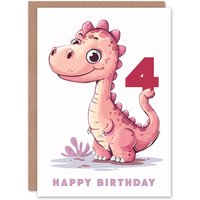 Artery8 4th Birthday Card Cute Pink Baby Dinosaur Cartoon Kids Age 4 Year Old Child For Son Daughter Girl Boy Happy Card