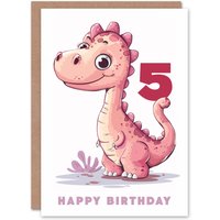 Artery8 5th Birthday Card Cute Pink Baby Dinosaur Cartoon Kids Age 5 Year Old Child For Son Daughter Girl Boy Happy Card