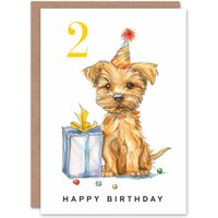 Artery8 2nd Birthday Card Cute Terrier Dog Puppy Party Hat Kids Age 2 Year Old Child For Son Daughter Girl Boy Happy Card in White