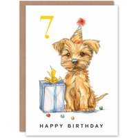 Artery8 7th Birthday Card Cute Terrier Dog Puppy Party Hat Kids Age 7 Year Old Child For Son Daughter Girl Boy Happy Card in White