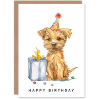 Artery8 Birthday Card Cute Terrier Dog Puppy Party Hat Kids Child For Son Daughter Girl Boy Happy Card in White