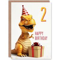 Artery8 2nd Birthday Card Baby T-Rex Dinosaur Party Hat Kids Age 2 Year Old Child For Son Daughter Girl Boy Happy Card in White