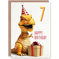 Artery8 7th Birthday Card Baby T-Rex Dinosaur Party Hat Kids Age 7 Year Old Child For Son Daughter Girl Boy Happy Card in White