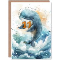 Artery8 11th Birthday Card Cute Whale Wave Jump Kids Age 11 Year Old Child For Son Daughter Girl Boy Happy Card in Blue